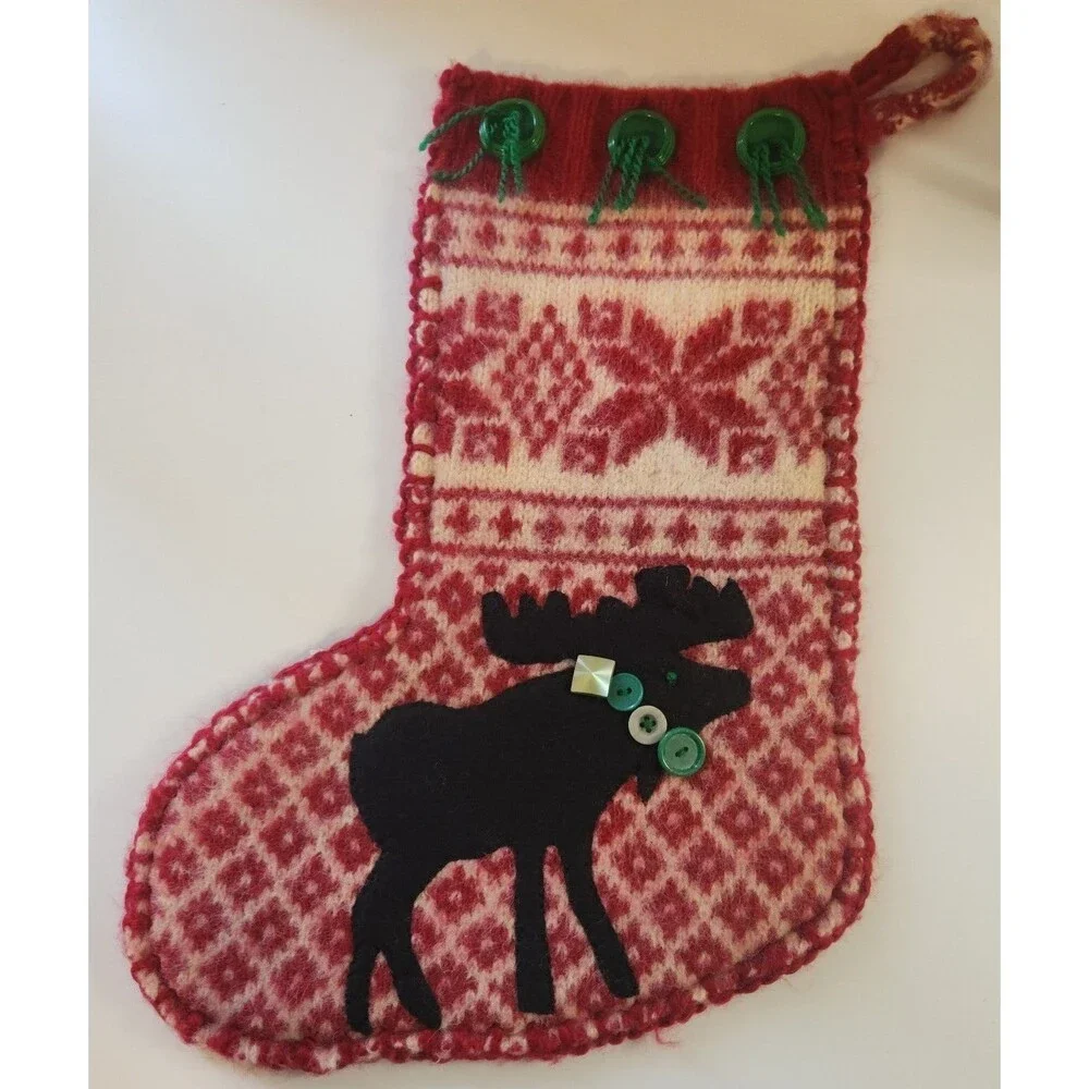 Vintage Woolies Moose Knit Applique Christmas Stocking w Buttons Handmade County